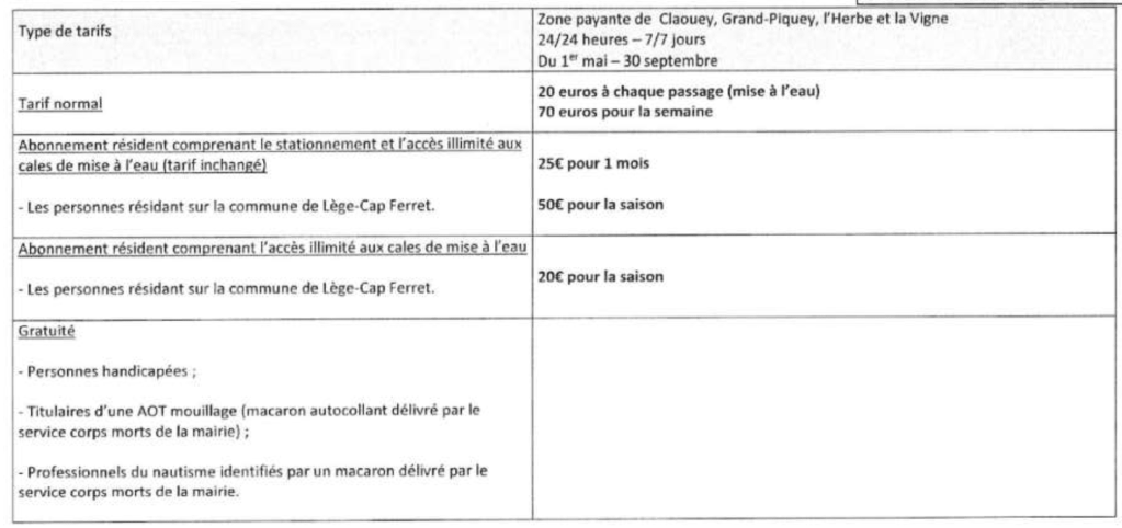 Tarif 2023  des cales de mise à l'eau au Cap Ferret