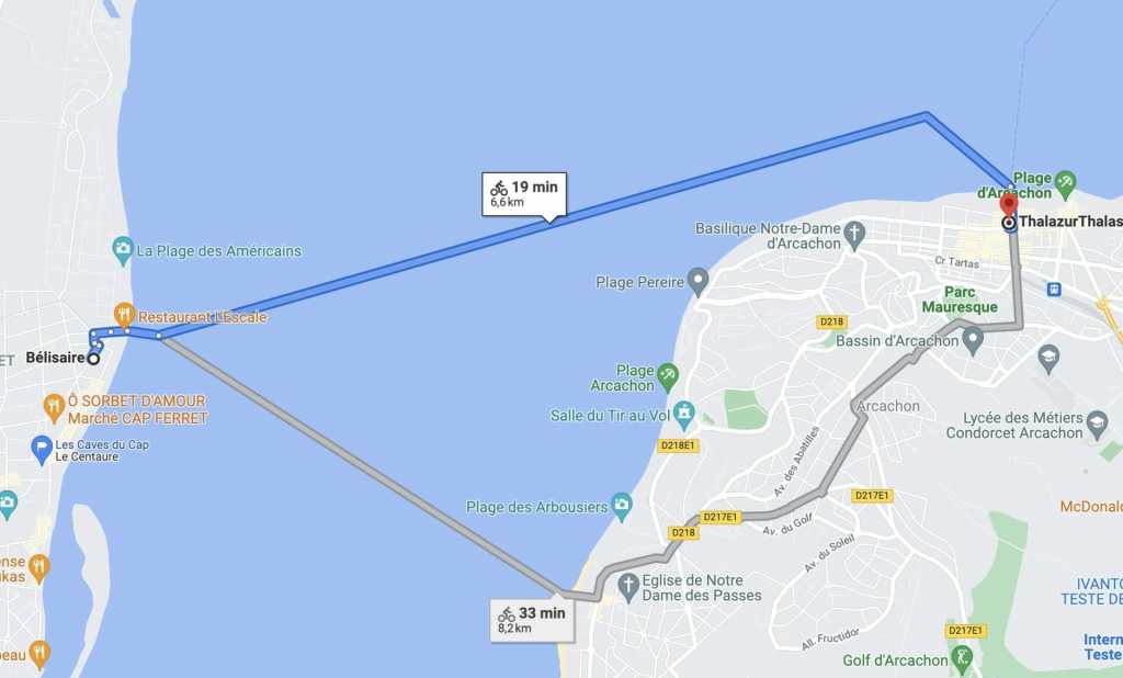 Distance Cap Ferret Arcachon en bateau et en vélo par le ferry