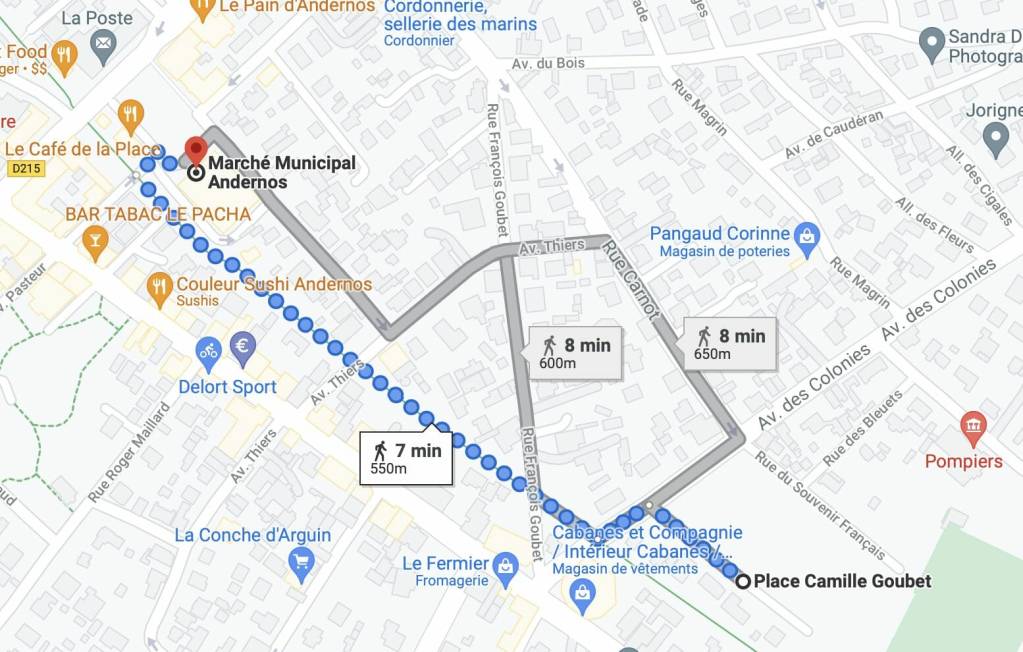 trajet entre la marché couvert d'Andernos et marché provisoire