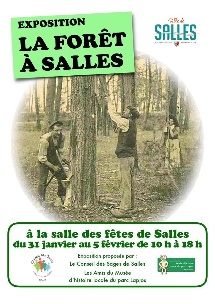 Venez découvrir ou redécouvrir une exposition sur la forêt de Salles proposée par le Conseil des Sages de Salles en partenariat avec les Les Amis du Musée d'histoire locale du Parc Lapios, du mardi 31 janvier au dimanche 5 février 2023, de 10h à 18h dans la salle des fêtes du bourg. Des démonstrations de gemmage ouvertes à tous vous seront également proposées : le mercredi 1er à 14h30 ; le jeudi 02 à 10h et à 14h30 ainsi que le vendredi 3 à 14h30.