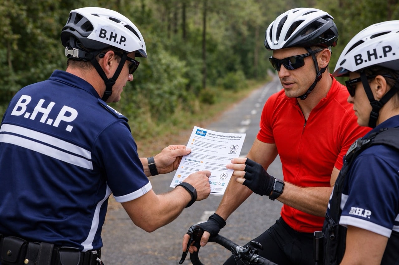 Un agent de la brigade B.H.P. explique les bonnes pratiques à un cycliste sur une piste du Cap Ferret