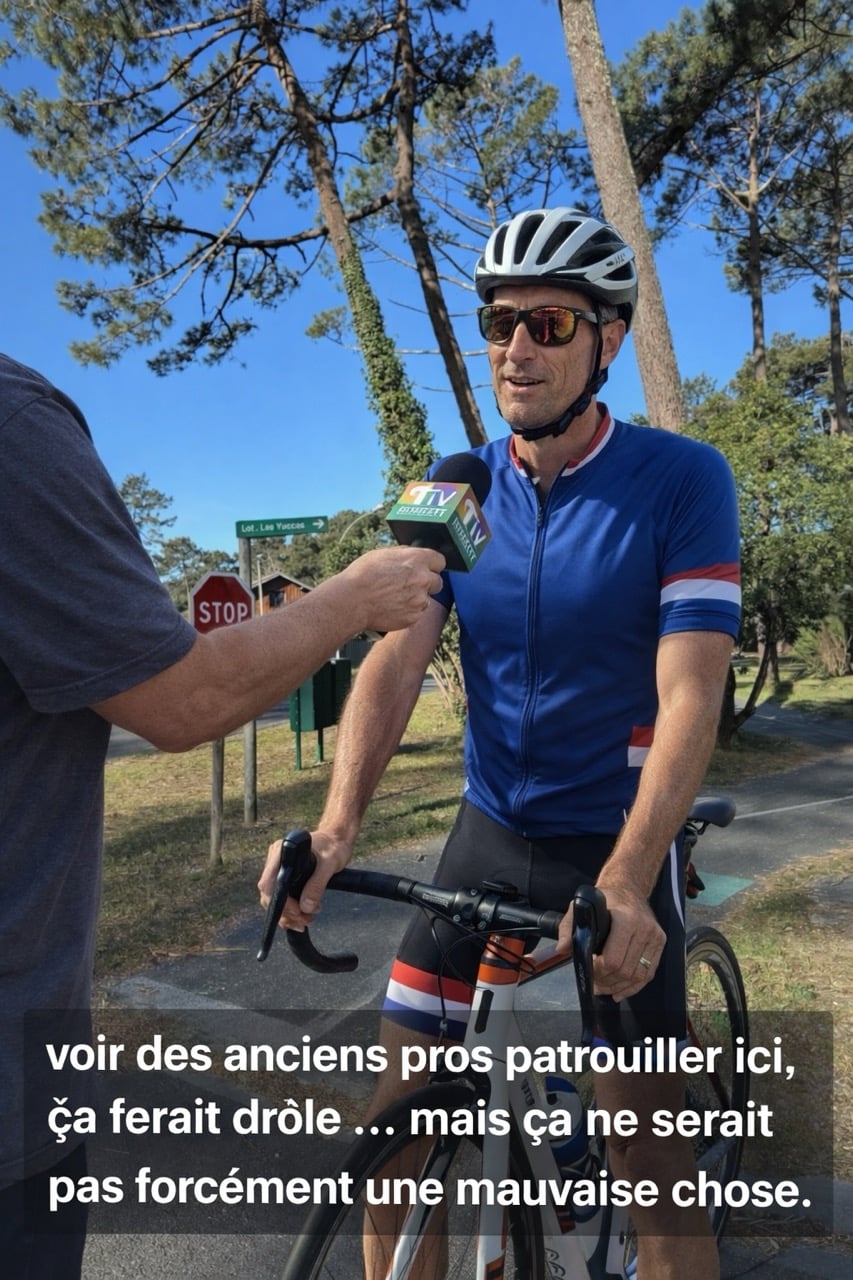 Interview TVCapFerret d’un ancien cycliste professionnel sur une piste du Cap Ferret