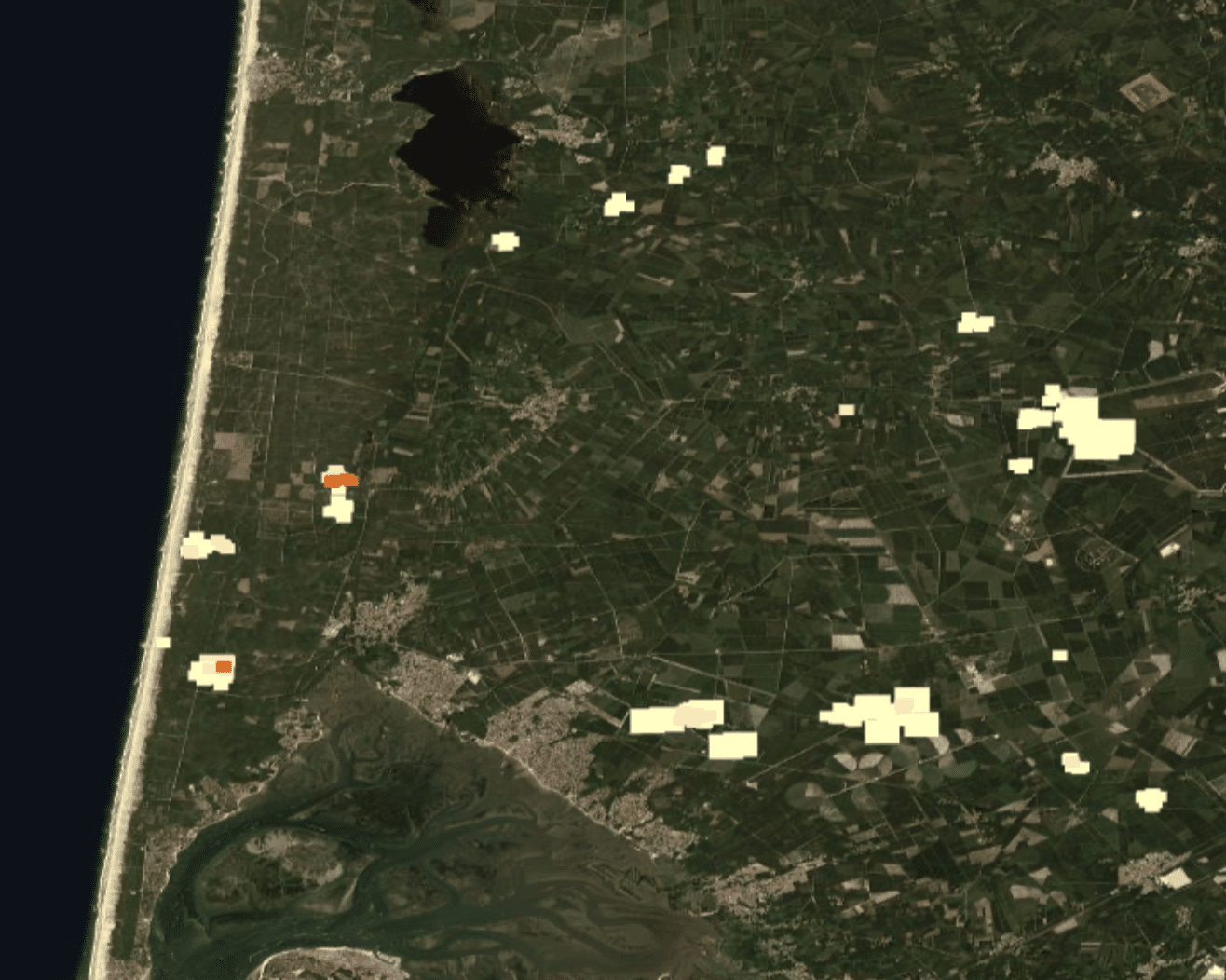 Vue satellite des foyers actifs au Porge et à Claouey
