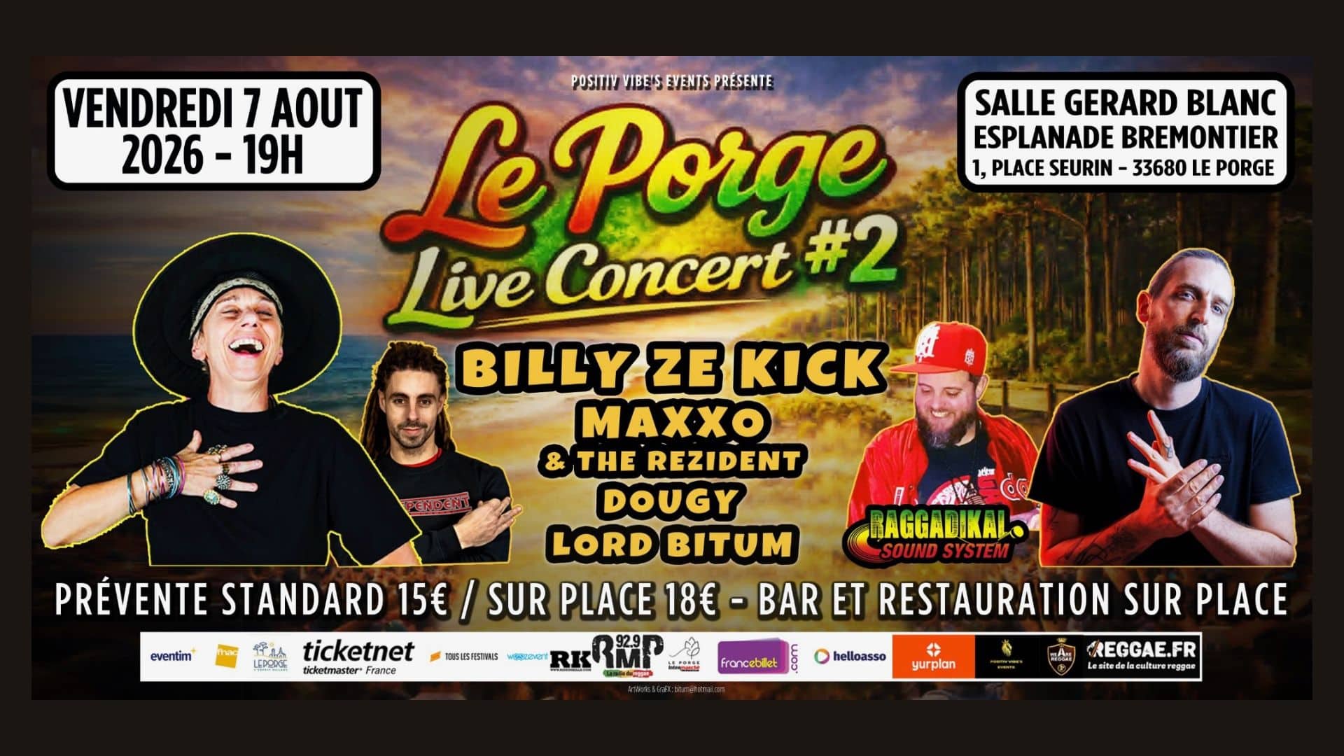 Flyer Le Porge Live Concert 2 du 7 août 2026 avec Billy Ze Kick, Maxxo, Dougy et Lord Bitum