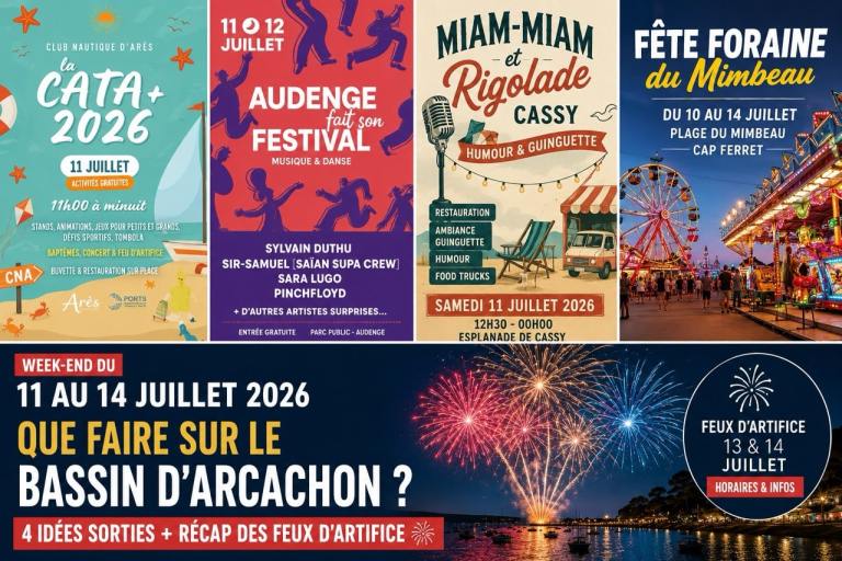 Quatre idées de sorties et les feux d’artifice prévus du 11 au 14 juillet 2026 sur le Bassin d’Arcachon.