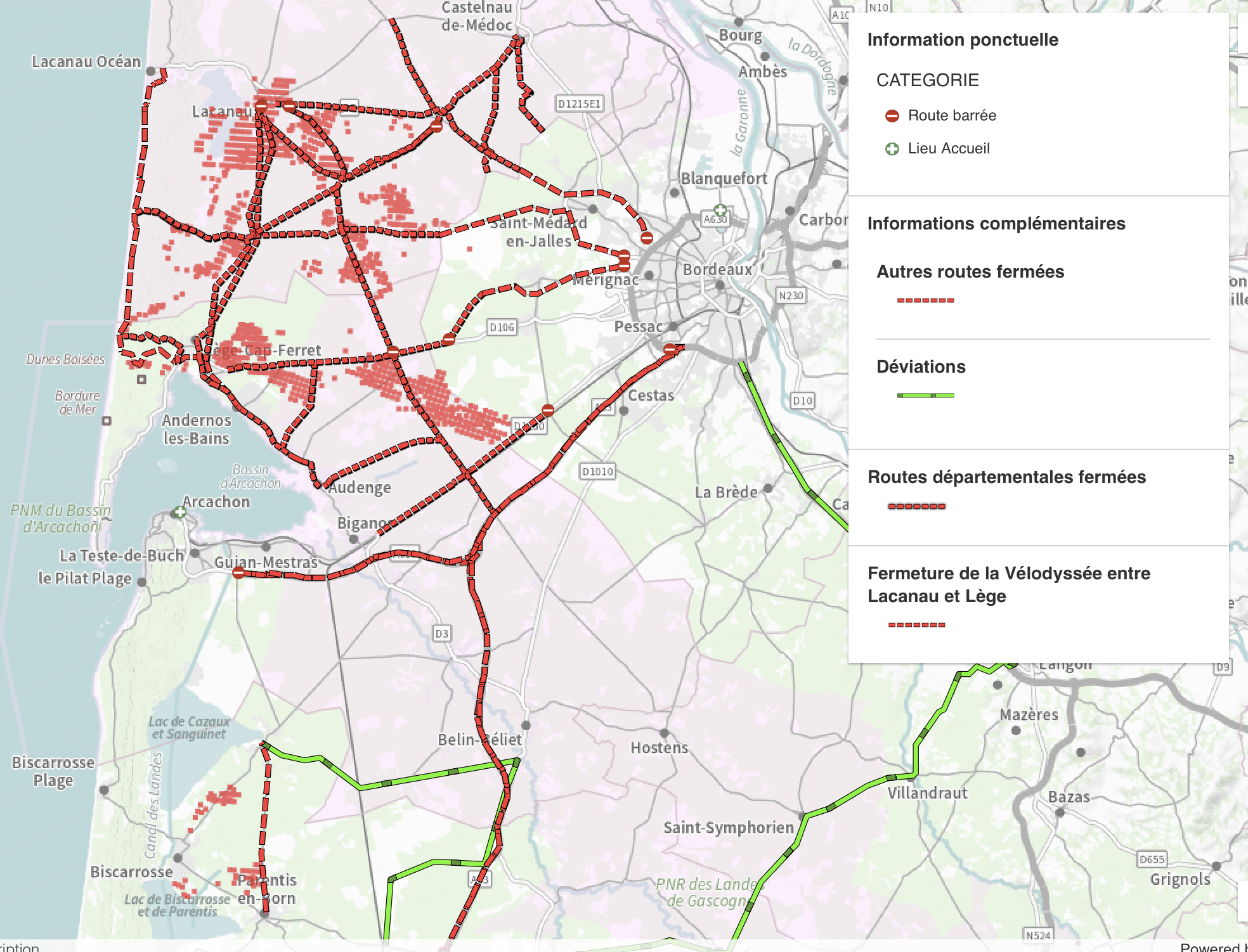 Carte des routes fermées dans le département de la Gironde, mise à jour le 26 juillet 2026 à 10h16