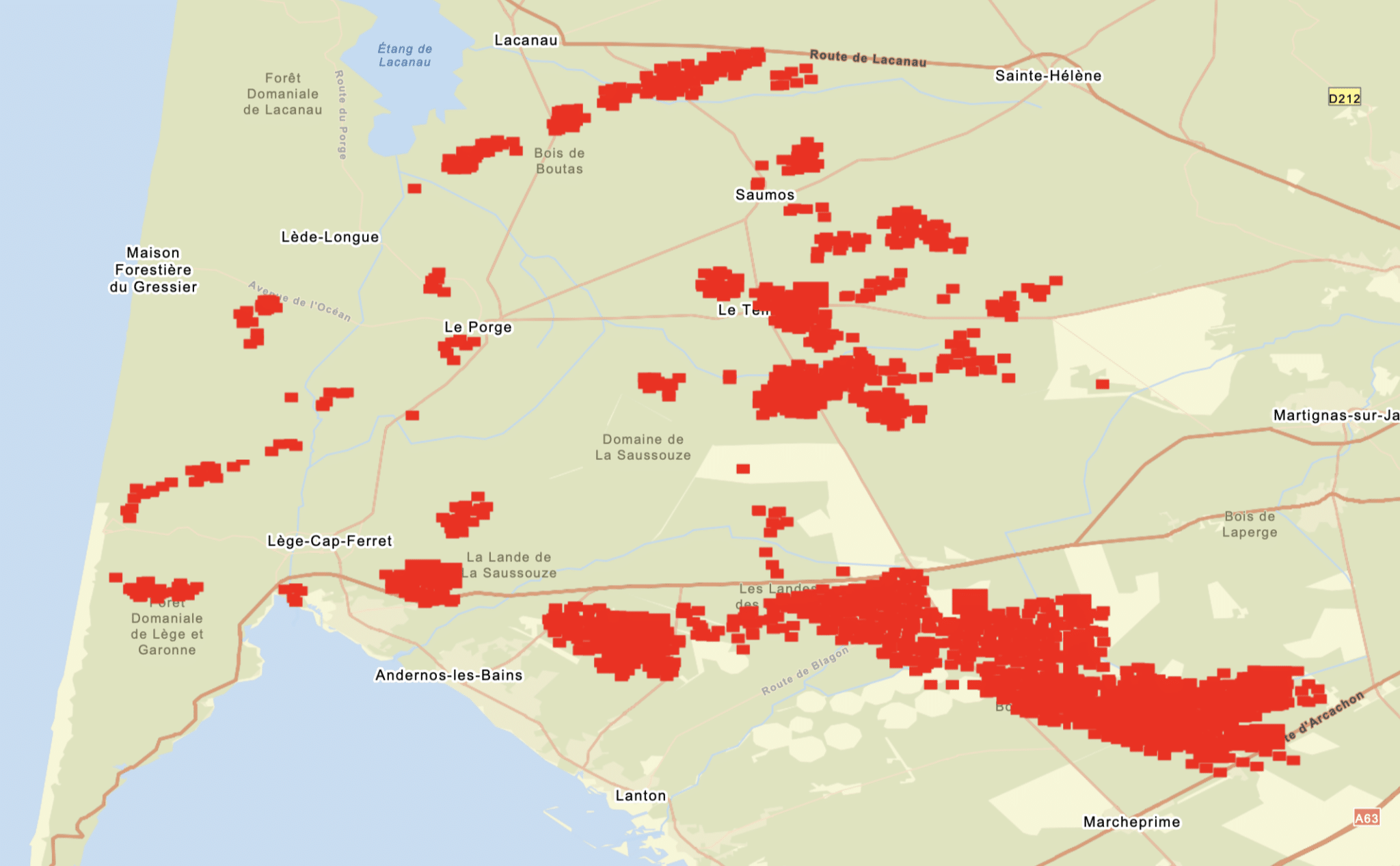 Carte NASA FIRMS du 27 juillet 2026 à 06h00 montrant en orange les détections thermiques relevées au cours des dernières 24 heures entre Lacanau, Le Porge, Lège-Cap Ferret, Andernos et l’ouest de la métropole bordelaise