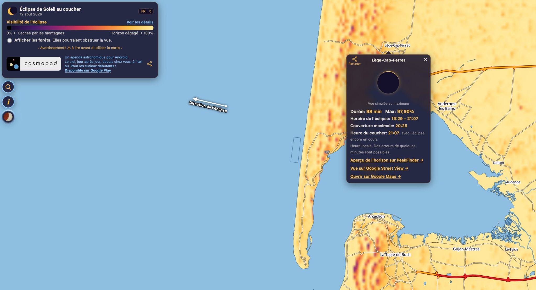 Carte de l’éclipse solaire du 12 août 2026 au nord de Lège-Cap Ferret avec une couverture maximale de 97,90 %