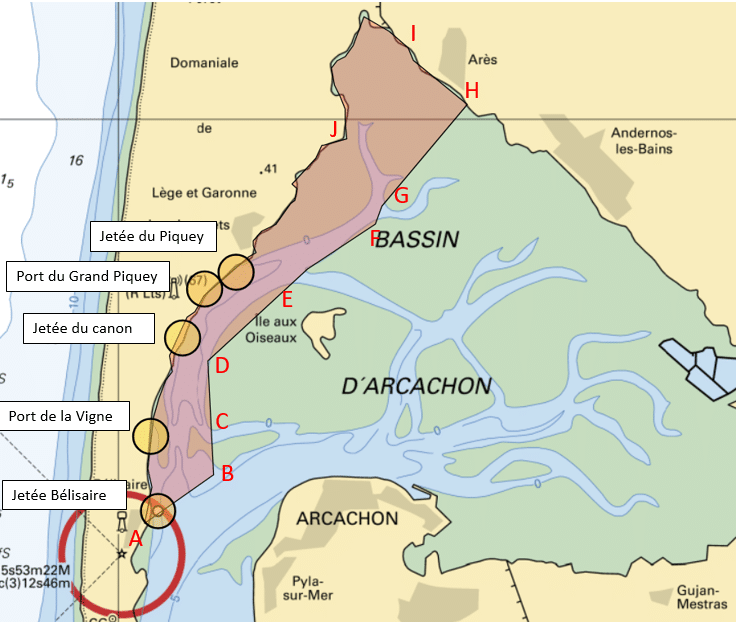 Carte de la zone maritime réglementée du Bassin d'Arcachon