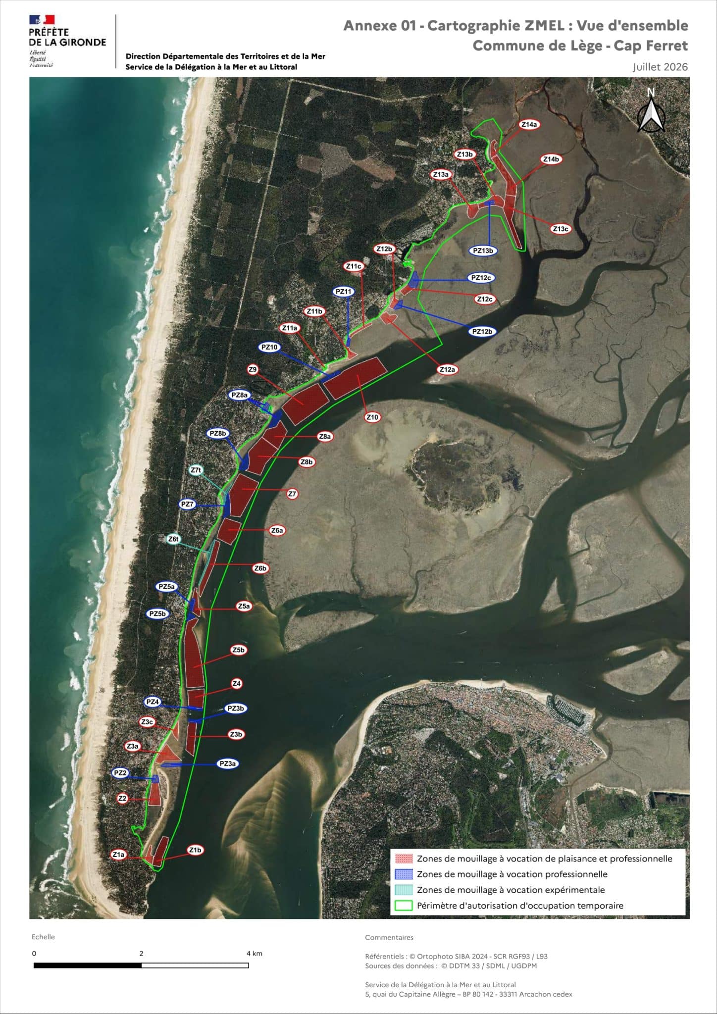Carte générale des zones de mouillage proposées sur le littoral côté Bassin de Lège-Cap Ferret.